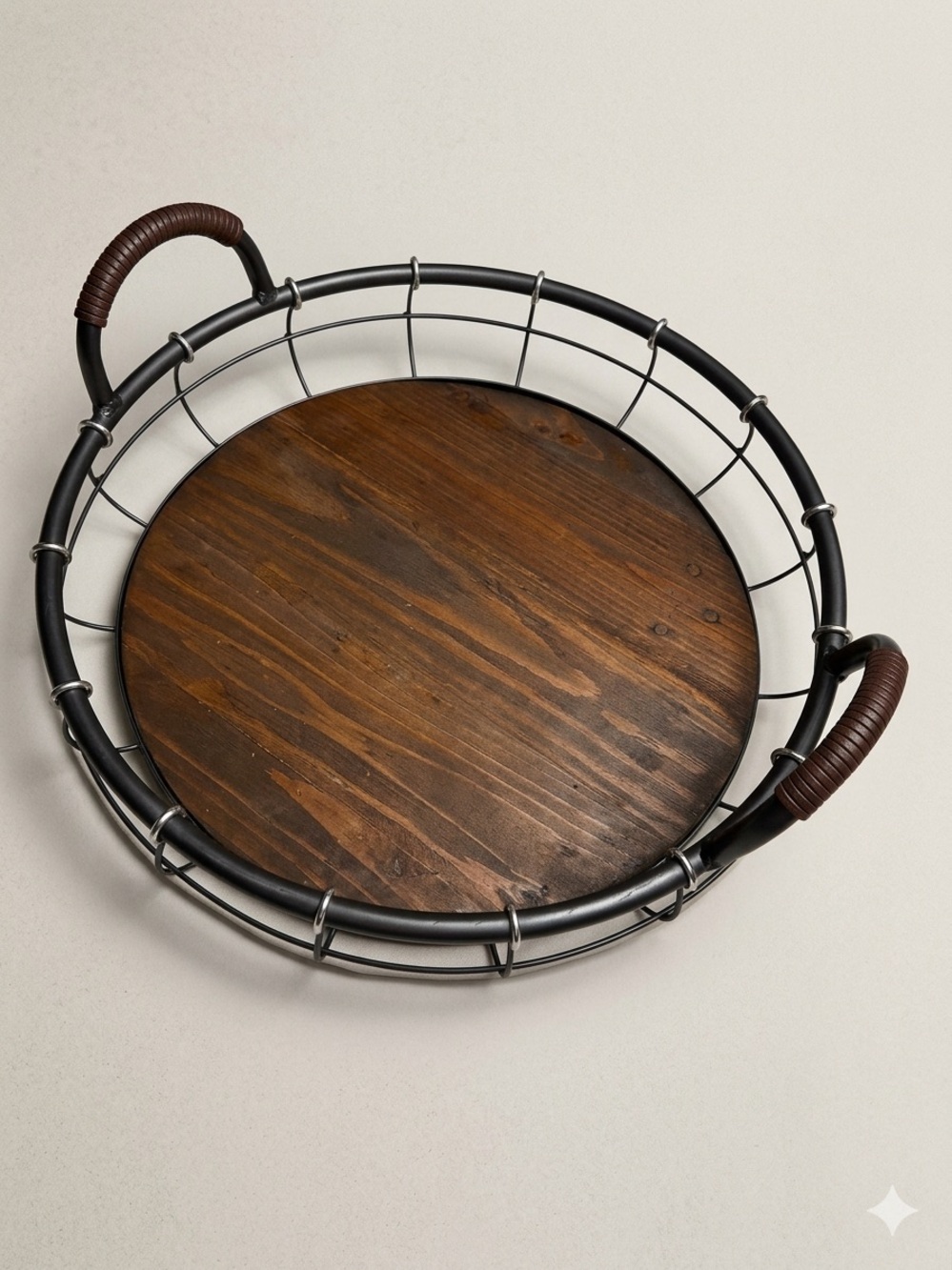 Round Wood and Metal Serving Tray Silver Handles Rustic CottageCore farmhouse